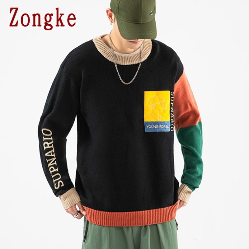 

Zongke Patchwork Vintage Sweater Men Clothing 2020 Fashion Harajuku Sweaters Pullover Men Sweater Winter Clothes -5XL, Apricot