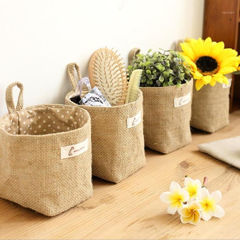 

Collapsible Burlap Storage Basket Home Storage Box Burlap with Cotton Lining Sundries Basket Desktop Hanging Bags1