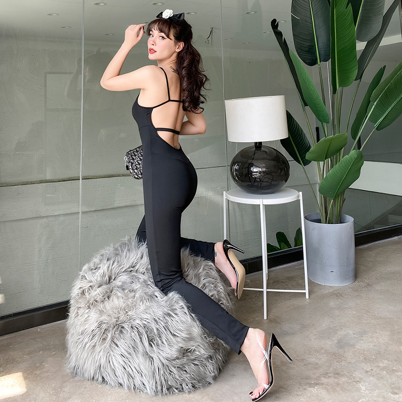 

2021 New High-stretch Black Stretch-band Tight-back Sexy Overalls Thin High Street Black-thin Spaghetti Straps with No Sleeves 6YSI