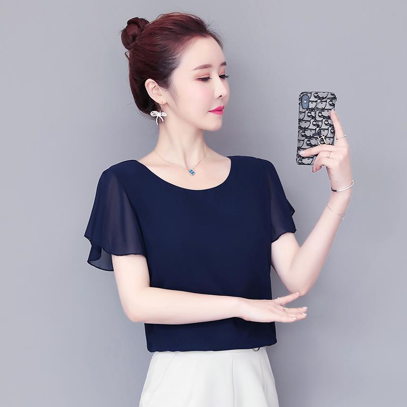 

Korean Women's Solid Shirts Office Lady Workwear Summer Short Sleeve Chiffon Blouse Female Elegant Tops plus size shirts -8XL, Purple