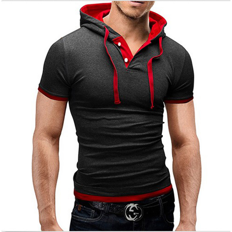 

2017 Summer Fashion Hooded Sling Short-Sleeved Tees Male T-Shirt Slim Male Tops 4XL, Hei hong