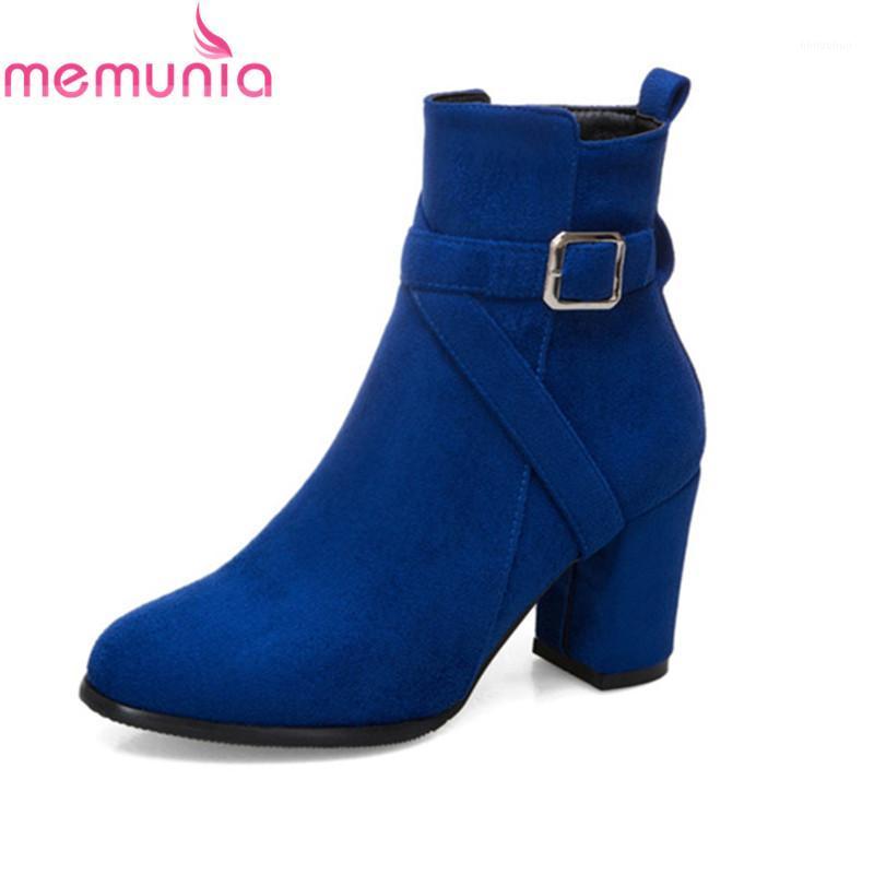 

MEMUNIA big size 33-48 new arrival 2020 ankle boots with buckle 7.5cm thick heels boots flock women's winter elegant1, Black