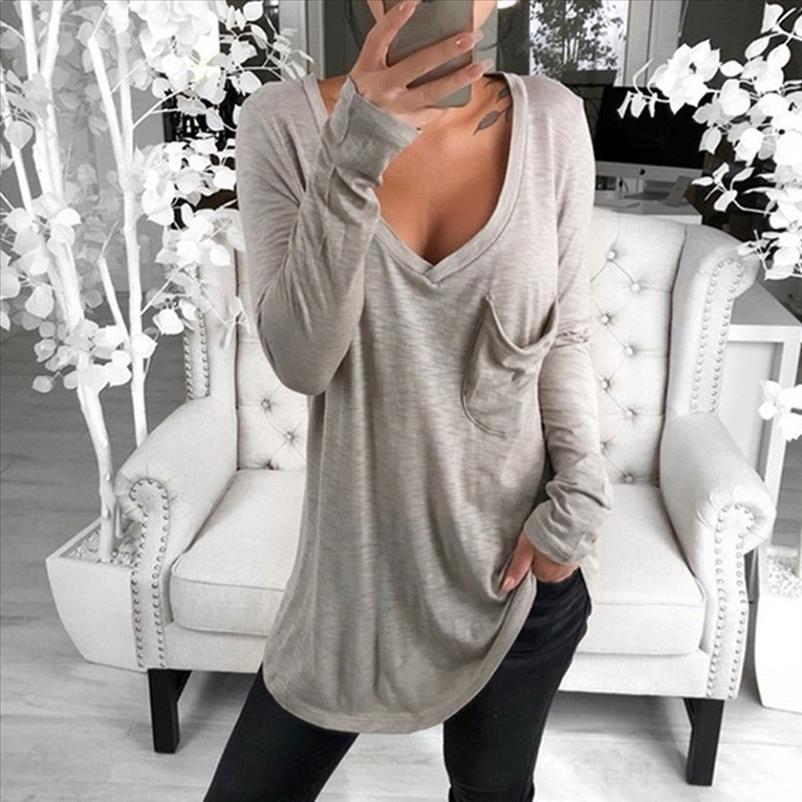 

new fashion women t shirts solid color cotton deep v neck long sleeve front pocket loose tunic leisur shirt for, White