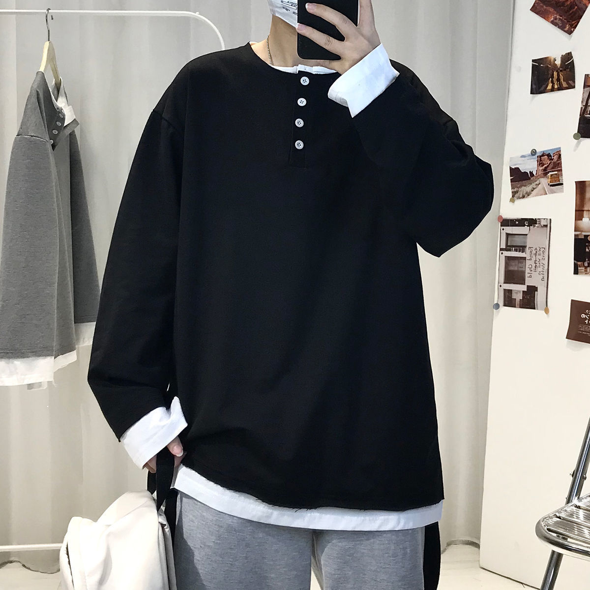 

Spring 2021 and Autumn New Shirt with Long Loose Sleeves in Tide Marks Around the Neck of Two Black Top Pieces KHA5, Games