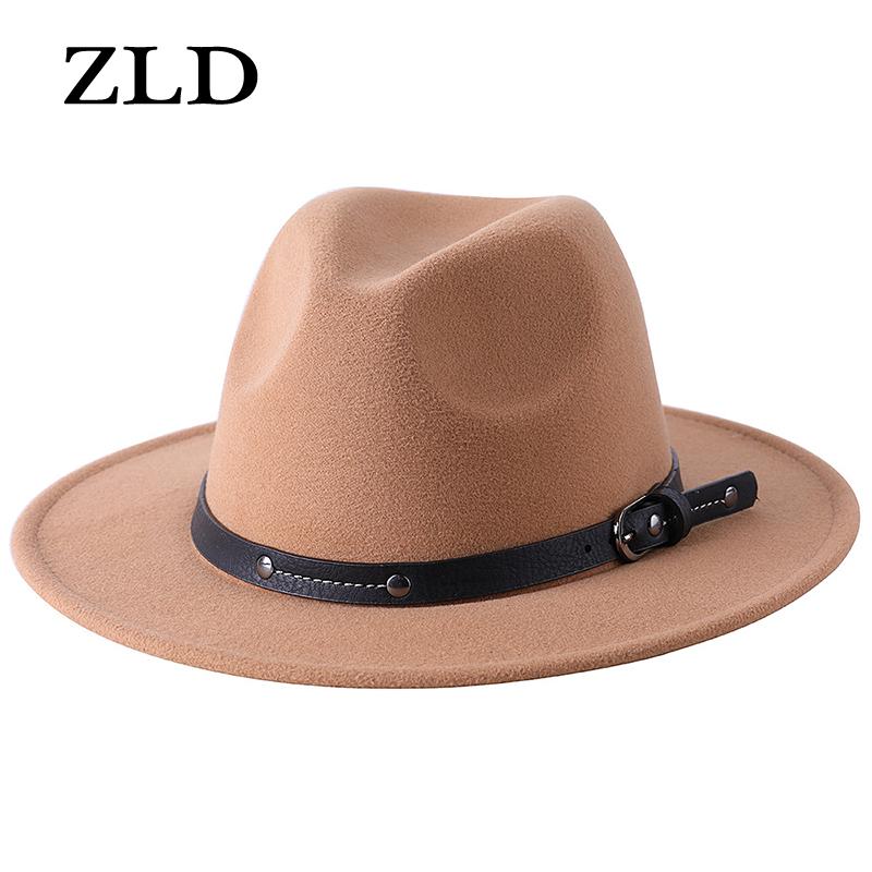 

ZLD Autumn Winter Men Fedora Hat Wide Brim Women Faux Woolen Ladies classice Fedoras Jazz cap Belt Caps fashion Felt Hats, 14