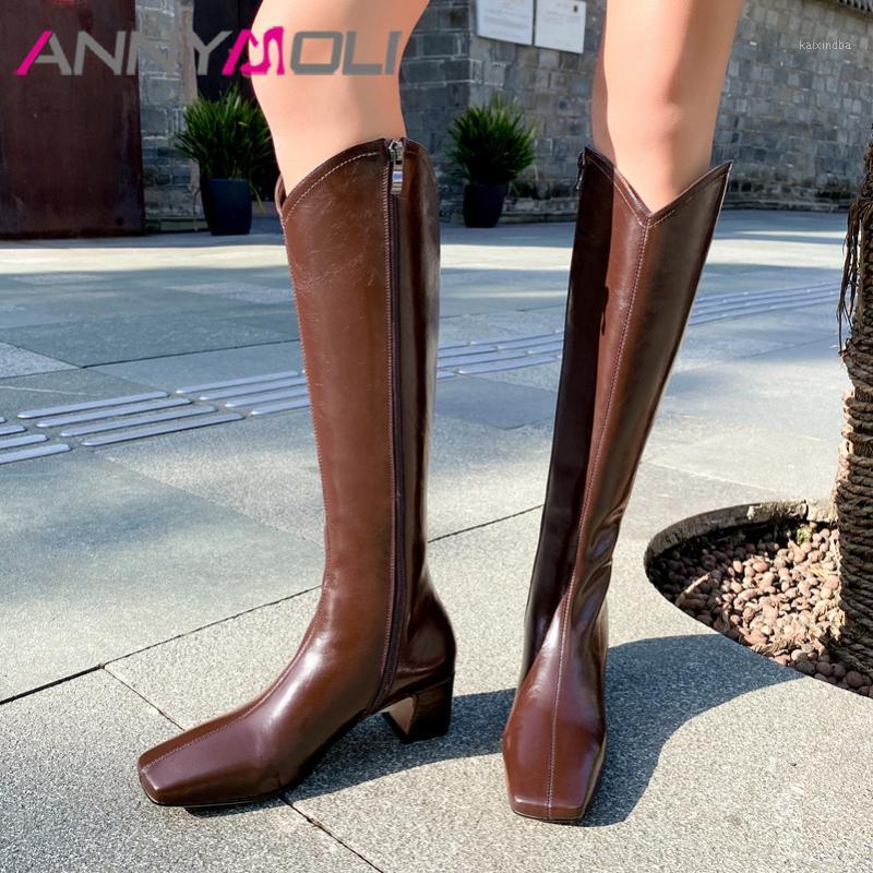 

ANNYMOLI Women Western Boots Shoes Genuine Leather Mid Heel Long Boots Zipper Square Toe Chunky Heels Knee High Beige 401, Black synthetic lin