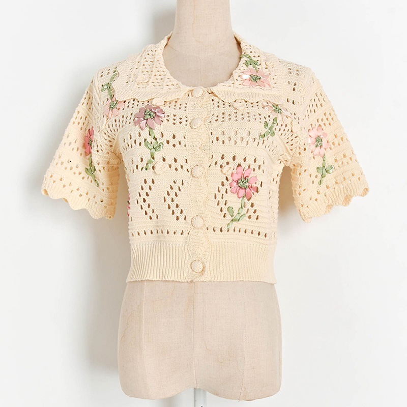 

2021 Summer Crochet Sleeves Cardigans Peter Sweet Collar Hollow Out Elegant Lady Short Floral Tops Qiqe, Apricot.