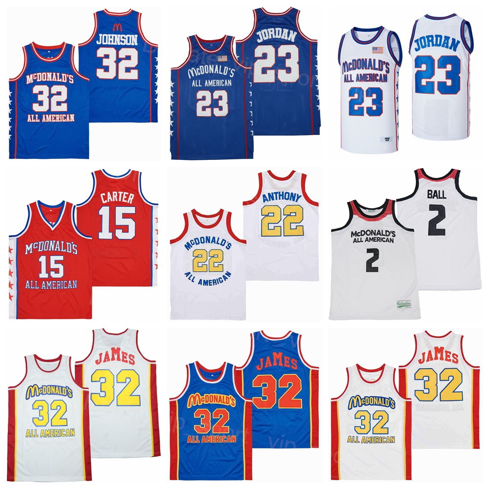 

Men Movie MCDONALDS ALL AMERICAN LONZO BALL Jersey 2 Vince Carter Basketball 15 MAGIC JOHNSON 32 LEBRON JAMES 23 Carmelo 22 Team Blue White Red Hip Hop All Stitched