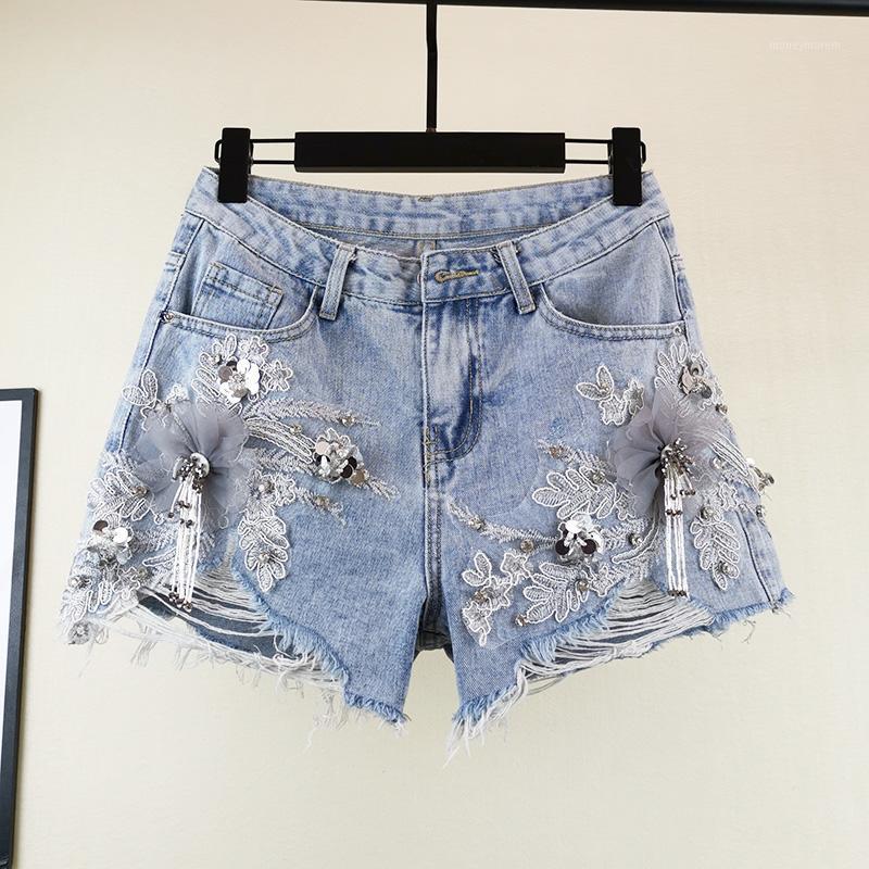 

Loose Denim Shorts Female Summer Hot Pants New Embroidered Flowers Sequin Fringed High Waist Wide Leg Pants Ripped Jean Shorts1, Blue