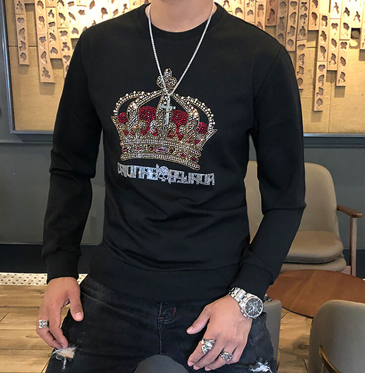 

and Winter Autumn 2020 New European Roman Cotton Male Crown Diamond Around the Neck Body-building Tide Fashion Hoodies L344, Black