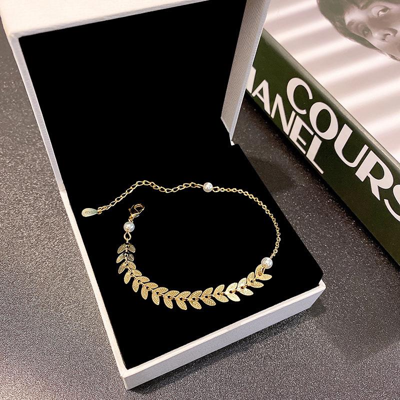 

Girl Adjustable Charm Women's Fashion Circle Leaf Chain Gold Color Simulated Pearl Bracelet Party Wedding Jewelry 182