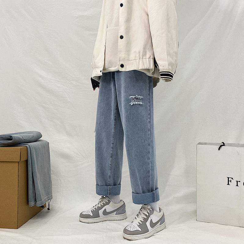 

Brim 2021 Men's Spring and Winter New Thin Unisex Wind Straight Torn Leg Pants Breeches Young Clothes QPX8, Black