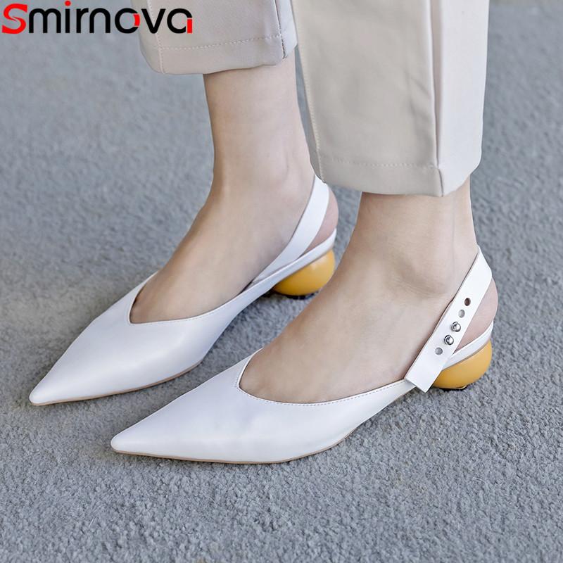 

Smirnova 2020 new shoes woman pointed toe shallow slingback med heels genuine leather shoes women Casual ladies, White