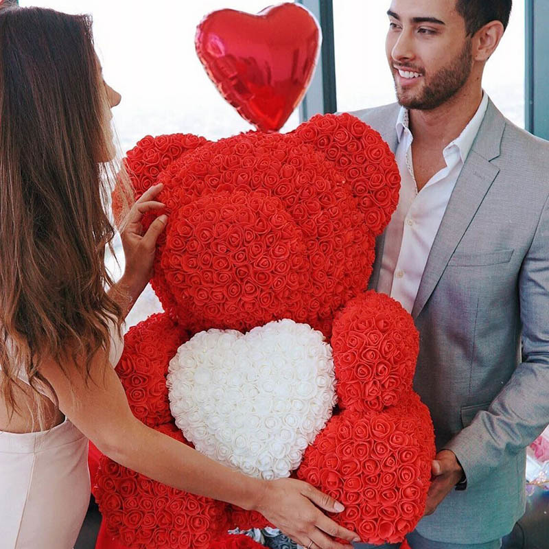 

Hot 40cm Artificial Rose Heart Teddy Bear Handmade Bear of Roses For Women Valentine's Day Wedding Bithday Gift Drop Shipping Q1123