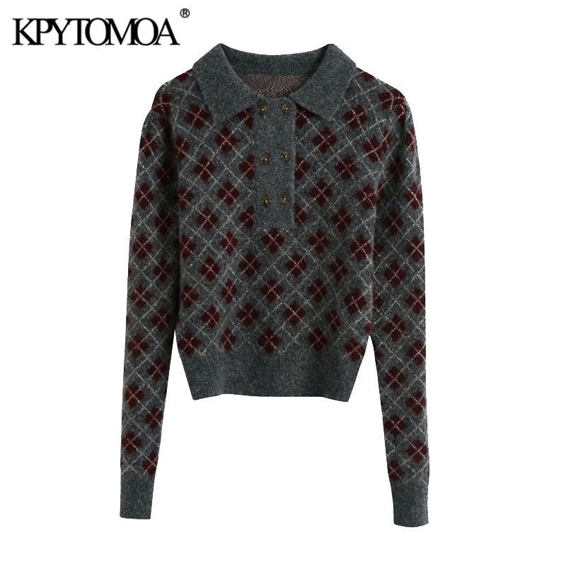 

KPYTOMOA Women Fashion With Argyle Cropped Knitted Sweater Vintage Lapel Collar Long Sleeve Female Pullovers Chic Tops 201111, As picture