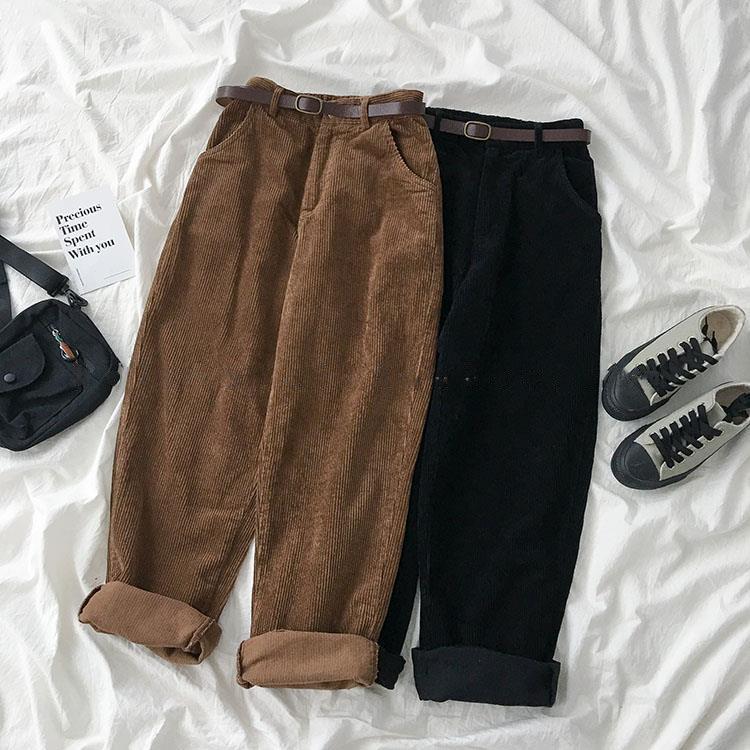 

High-black straight with casual female belt harajuku bottoms velvet broad leg women' vintage brown pants