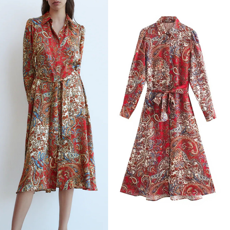 

2021 New Women Vintage Printed Midi Dress Ladies Fashion Tied Belt Long Sleeve Lapel Collar Button-up Elegant Shirt Dresses 76cs, Print