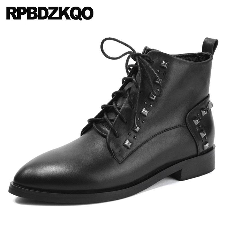 

front lace up casual ankle boots autumn british winter black shoes genuine leather stud real rivet pointed toe booties flat