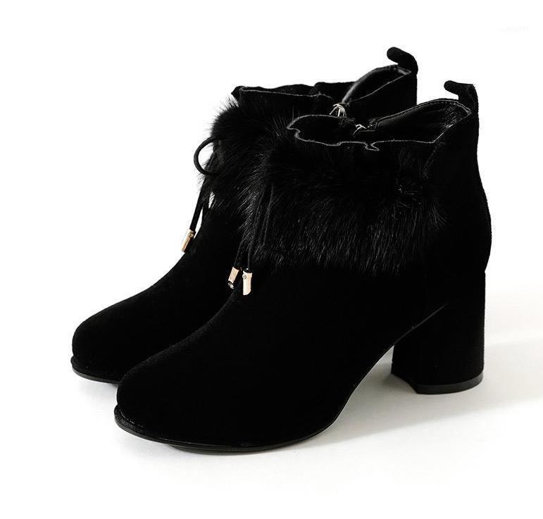 

2020 winter new bow fur boots with boots high heel warm women's cotton shoes snow1, Beige