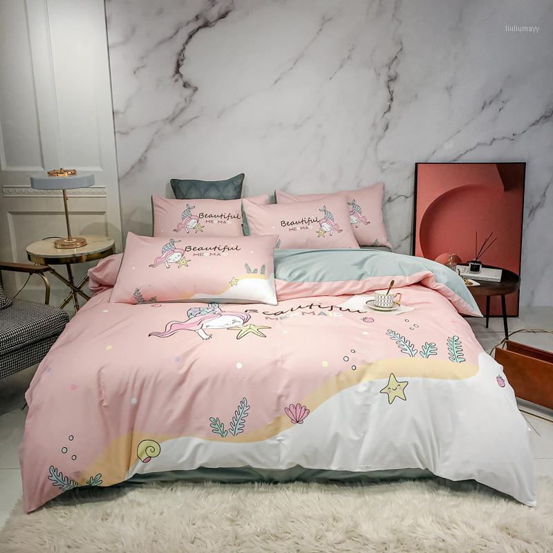

100% Cotton Light Luxury Printed Bedding Set Cartoon Duvet Cover Bed Flat Sheet Pillowcases Queen Size 4Pcs1 Sets, Hc5