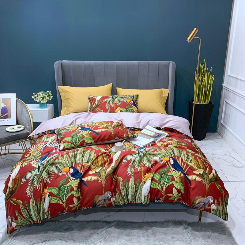 

Red Floral leaf print bedding set girls Egyptian cotton duvet cover bedspread Satin king queen size bedclothes, As pic