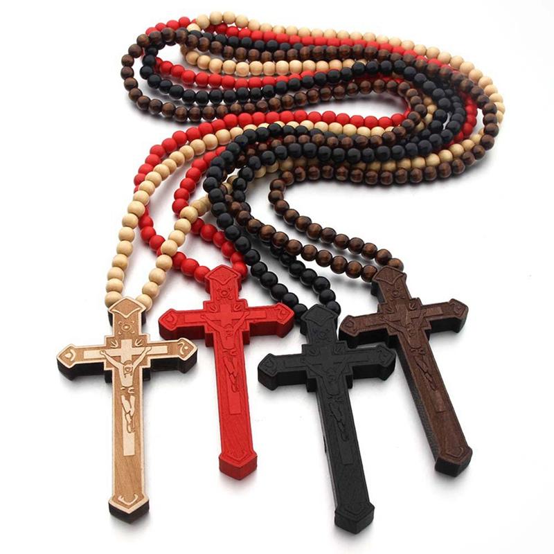 

36" Long Rosary Necklace Large Wood Jesus Christ Cross Pendant With Wooden Beads Sweater Chain Male Collier Statement Jewelry