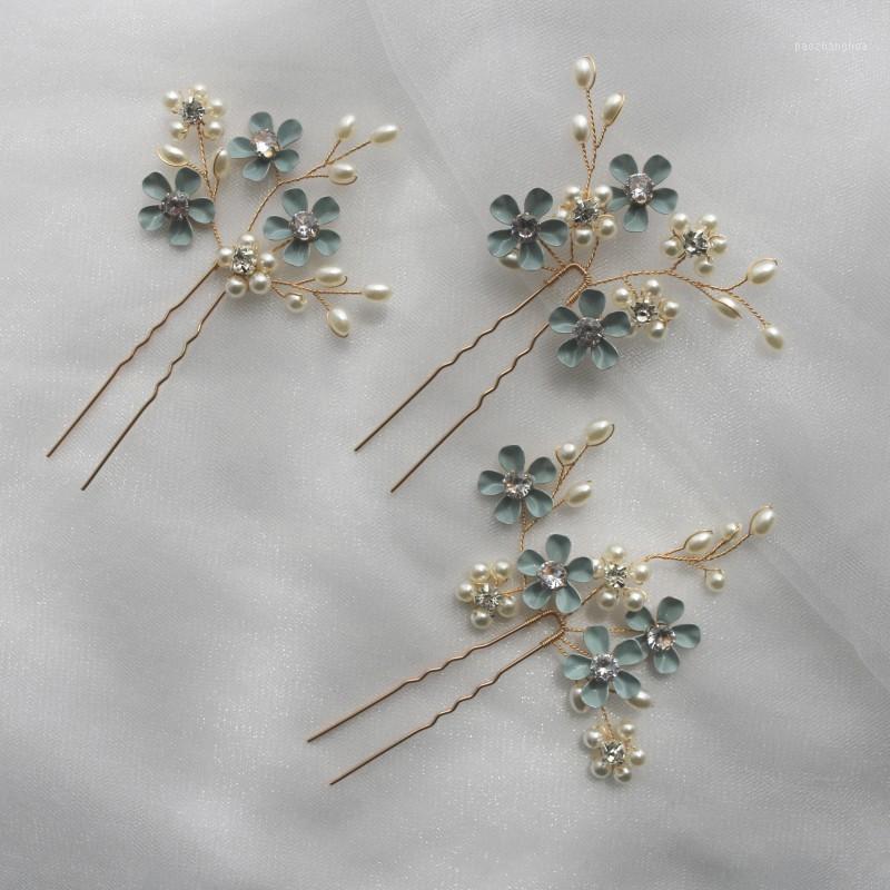 

Hand Painted Blue Blossom Hair Pins Bridal Clips Pearls Wedding Jewelry Handmade Women Headpiece & Barrettes, Golden;silver
