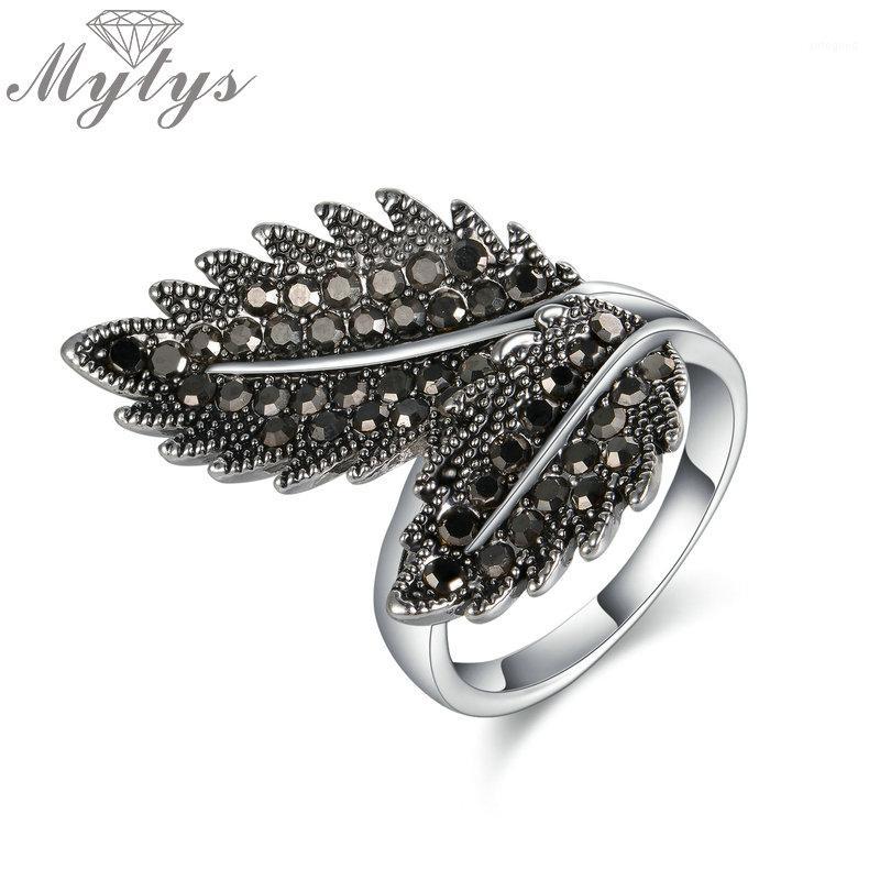 

Cluster Rings Mytys Retro Black Leaf Shape For Women Unique Design Antique Ring Grey R18481