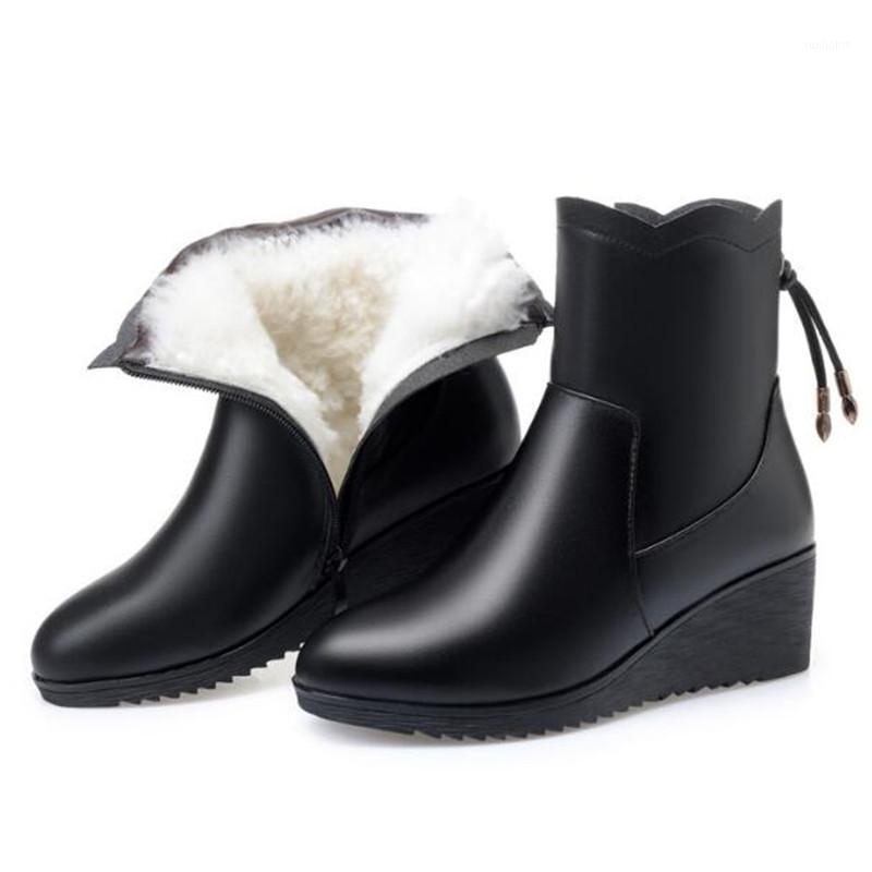 

New Elegant Comfort Warm Winter Boots Wedges Non-slip Women Boots Winter Genuine Leather Shoes Plus Velvet and Wool Snow1, Black inisde plush