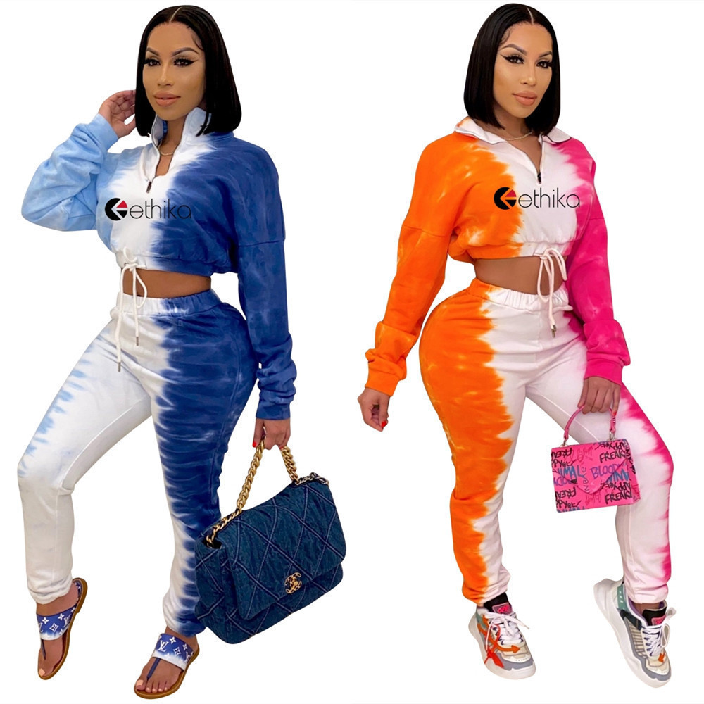 

Women Tie Dye Printed Tracksuit 2 Piece Set Designer Casual Long Sleeve Zipper Top Trousers Outfits Ladies Fashion Sports Suits, Gray