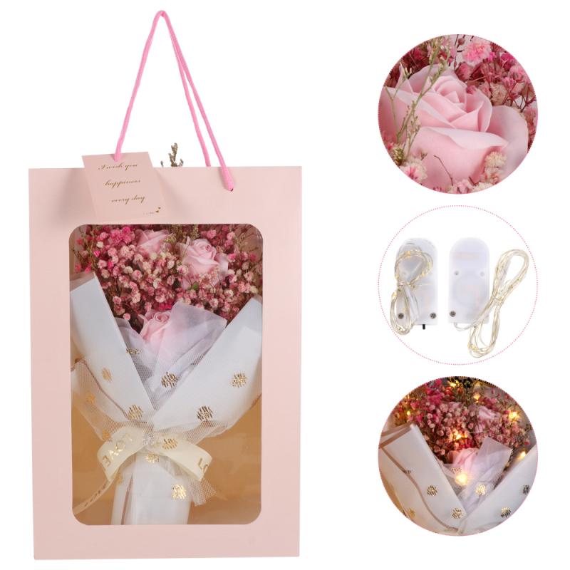 

1 Set Artificial Soap Flower Dry Gypsophila Bouquet Gift Box with Fairy Light