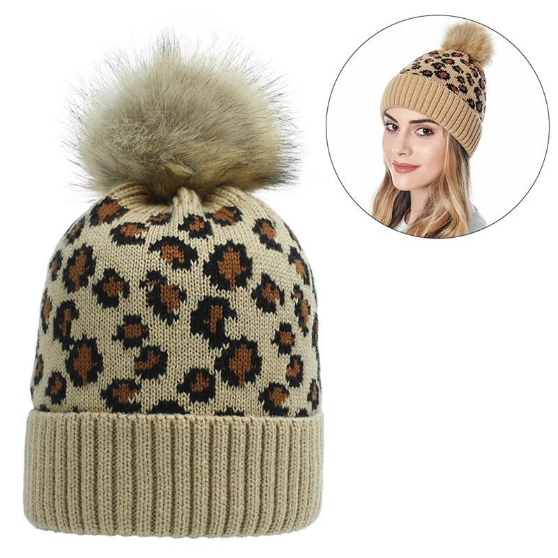 

1pc Women Leopard Pattern Warm Hat Soft Thicken Pom Pom Decor Beanie Cap Knit Cap Winter Hat Clothing Accessories For Winter, White