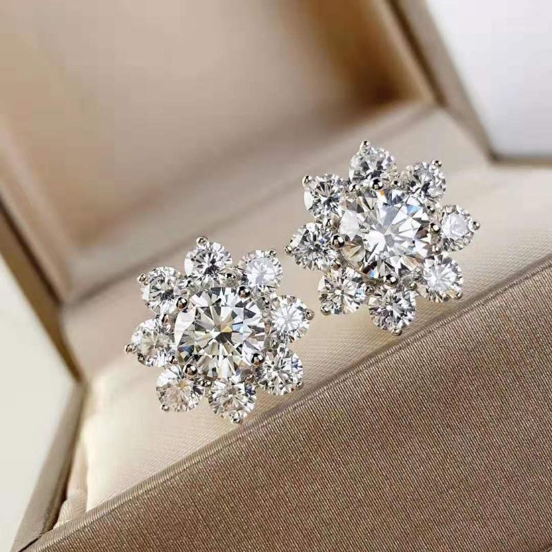 

Stud Sun Flower Diamond Shape Earrings Wedding Jewelry 5A High Carbon 925 Sterling Silver Earrings1