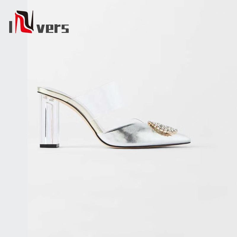 

2020 Summer Women Sandals Pointed Toe Rhinestone Decoration In Font Transparent Font Strap Transparent Square Heels Shoes Women1, Sliver