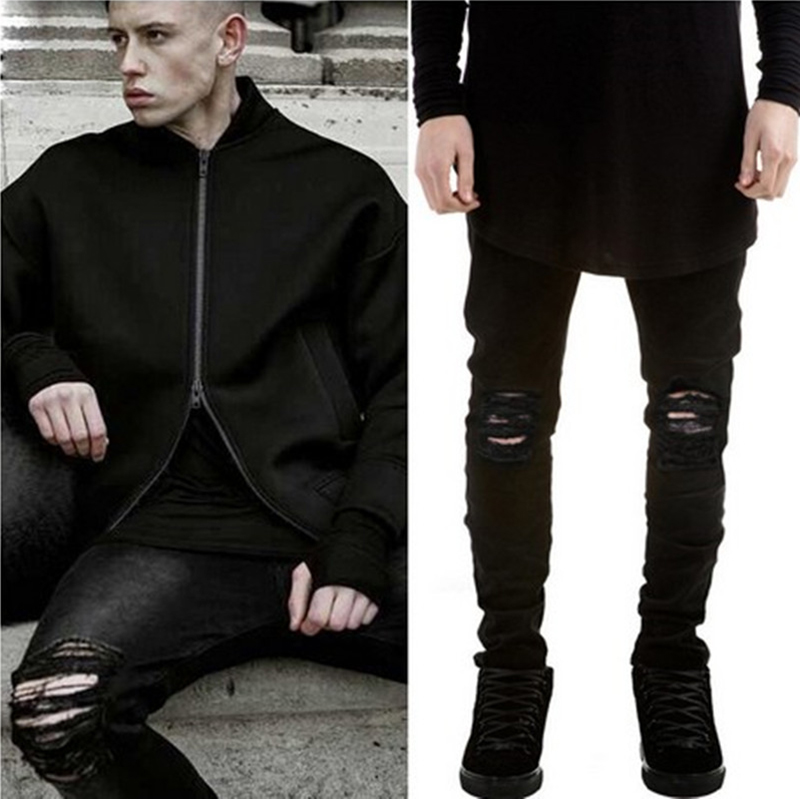 

Brand new ripped jeans mens black ripped pants mens slim knee high street ripped stretch jeans summer, White