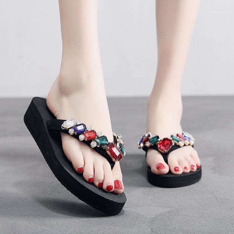 

2020 Women Shoes Flip Flops Solid Color Crystal Diamond Flat Heel 3.5cm Flip Flops Outdoor Slipper Beach Shoes For Female Zapato1, High3white