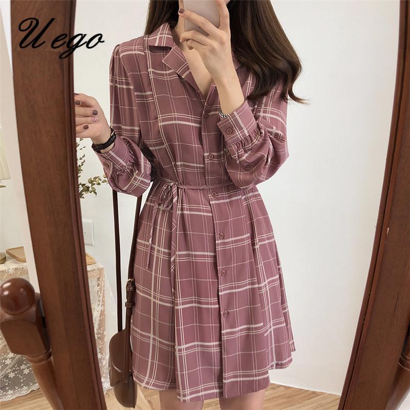 

Uego Turn-down Collar Lacing Autumn Spring Dress Fashion Plaid Korea Japan Preppy Style Mori Girl' Chic Dress Women, Red