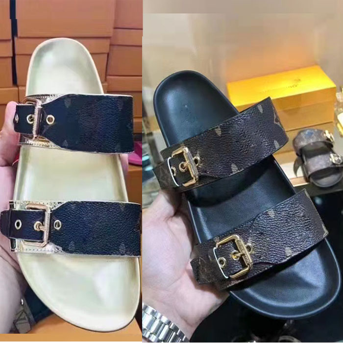 

designer leather Slippers womens sandals DIA FLAT MULE 1A3R5M Cool Effortlessly Stylish Slides 2 Straps with Adjusted Gold Buckles Women Summer Slipper 35-42, Box