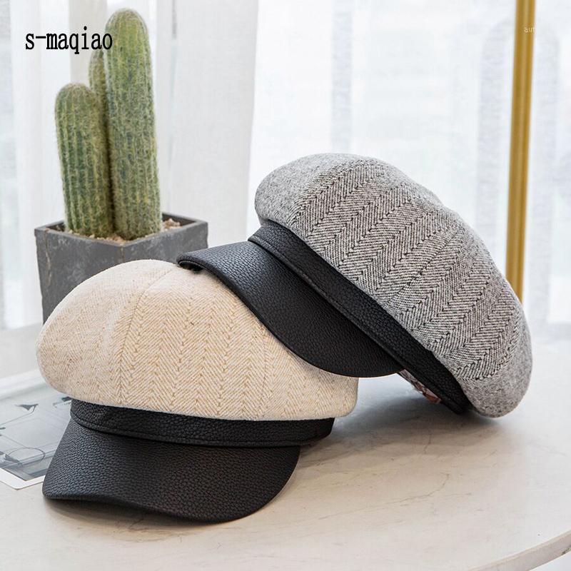 

Stingy Brim Hats Beret Cap 2021 Autumn Winter Hat Women Vintage Stitching Octagonal Sboy Ladies All-match Artist Painter1, Khaki