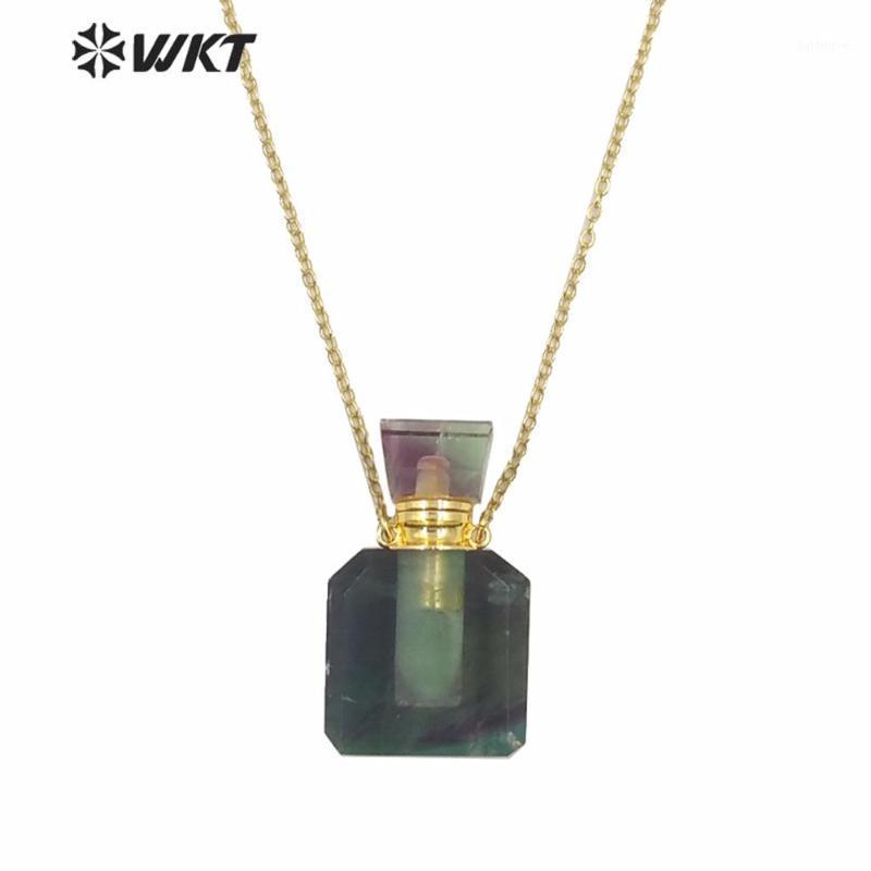 

WT-N1194 Fashion square shape natural raw fluorite stone perfume bottle necklace faceted elegant stone bottle necklace for women1