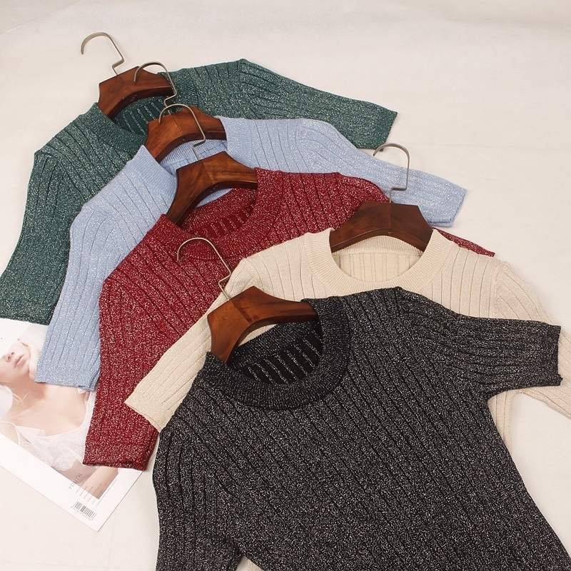 

GIGOGOU Spring Summer Knitted Women T Shirt Fashion Lurex Glitter Short Sleeves Top Basic Rib Female Tshirt Y200109, Pink t333