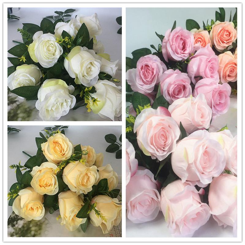 

Artificial silk bouquet sweet 9 head princess roses wedding bride holding flower home decor wedding flower row arch table, Green