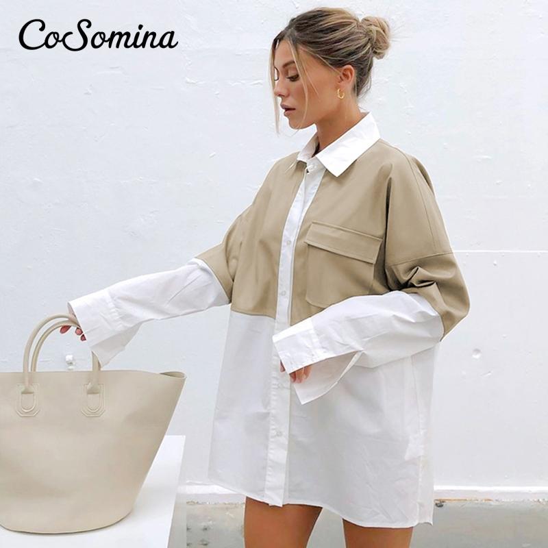 

CoSomina Patchwork Pu leather blouse shirt Woman long sleeve pocket ladies blouse Casual top chic Elegant fashion autumn winter, Khaki