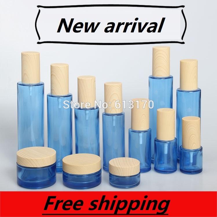 

120ml,100ml,80ml,30ml,20ml Blue Glass Lotion Pump Bottle,Wood Grain Cap,30g 50g Empty Cream Jar,Cosmetic Packing Bottle