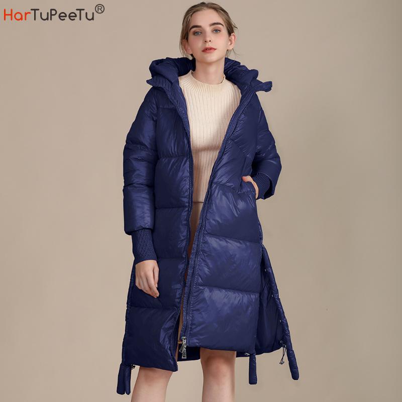 

Long Winter Jacket Women 2021 Thick Warm Cotton Padded Hooded Coat Loose Fit Solid Side Split with Hide Buttons Zipper Outwear, Dark blue