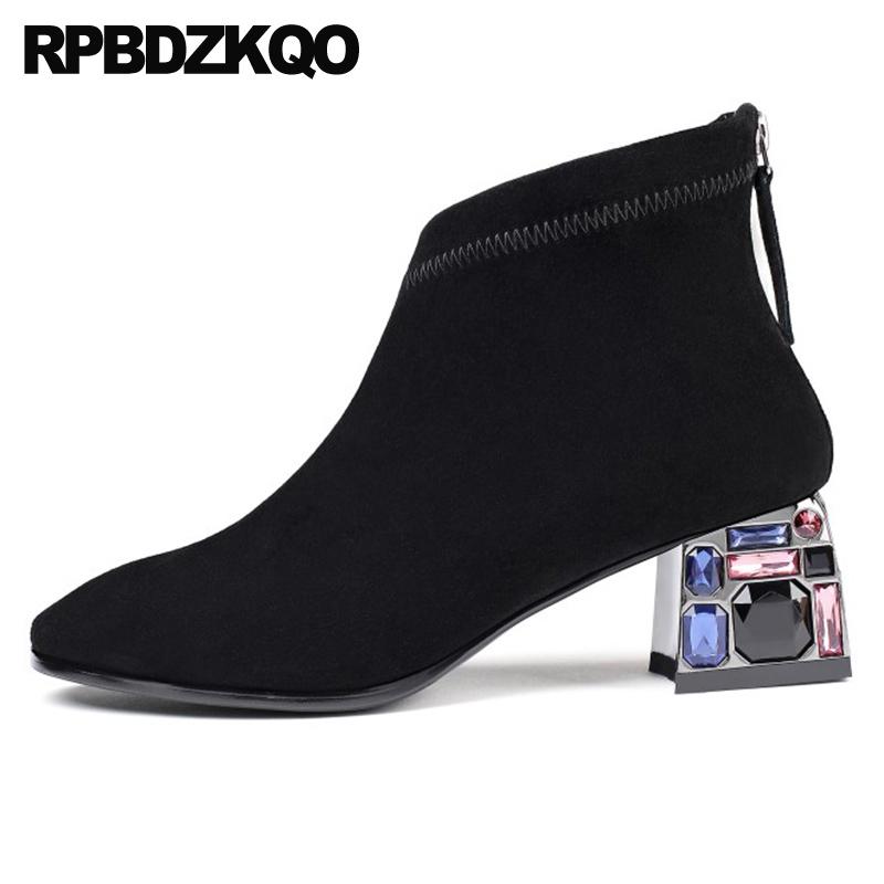 

chunky booties fall plus size real leather high heel 10 big luxury sheepskin suede black women ankle boots 2020 round toe shoes