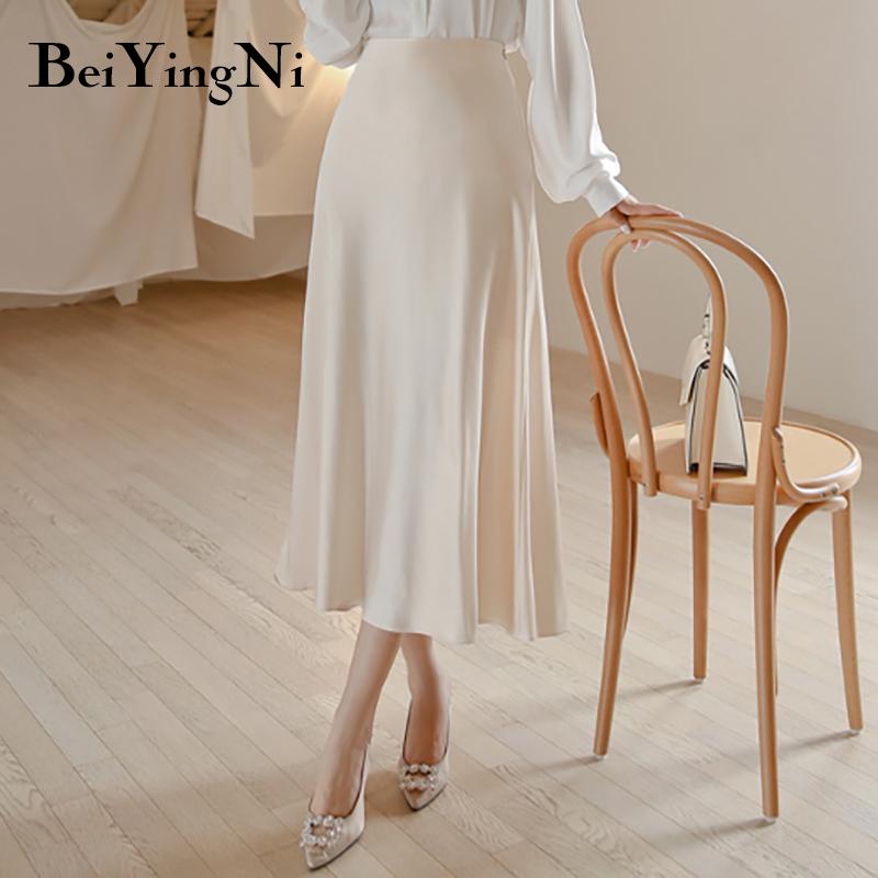 

Beiyingni Silk High Waist A Line Skirt Women Solid Soft Vintage Long Office Ladies Skirt Korean Casual Slim Midi Skirts Womens, Beige