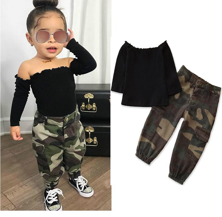 

2020 Autumn Fashion Kids Baby Girl Clothes Set Black Long Sleeve Off Shoulder T-shirt Tops+Camouflage Pocket Cargo Pants Outfit 1-6Y, Mix colors you want