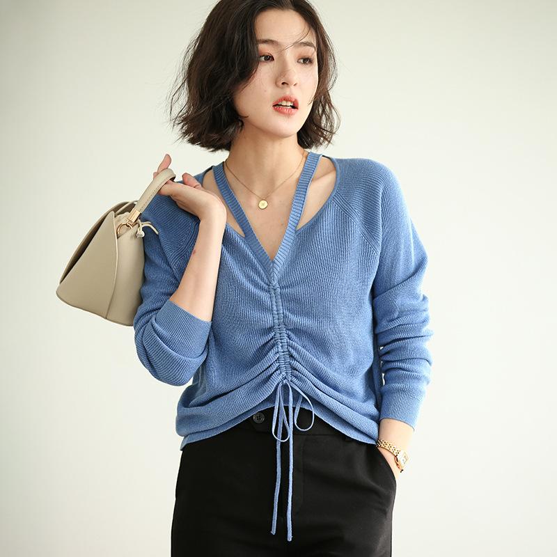 

Spring Autumn 2021 New Sexy V Neck Easy Draw String Thin Dew Shoulder Knit Female Sweater Women Pullover Korean Style Y1652A, Green