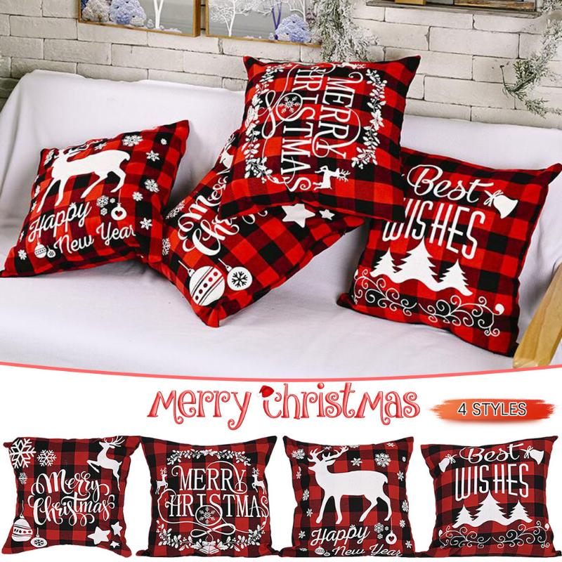 

1pc Christmas Cushion Cover Pillowcases Lattice Printed Merry Christmas Santa Claus Home Decorative Throw Pillow Case Cover